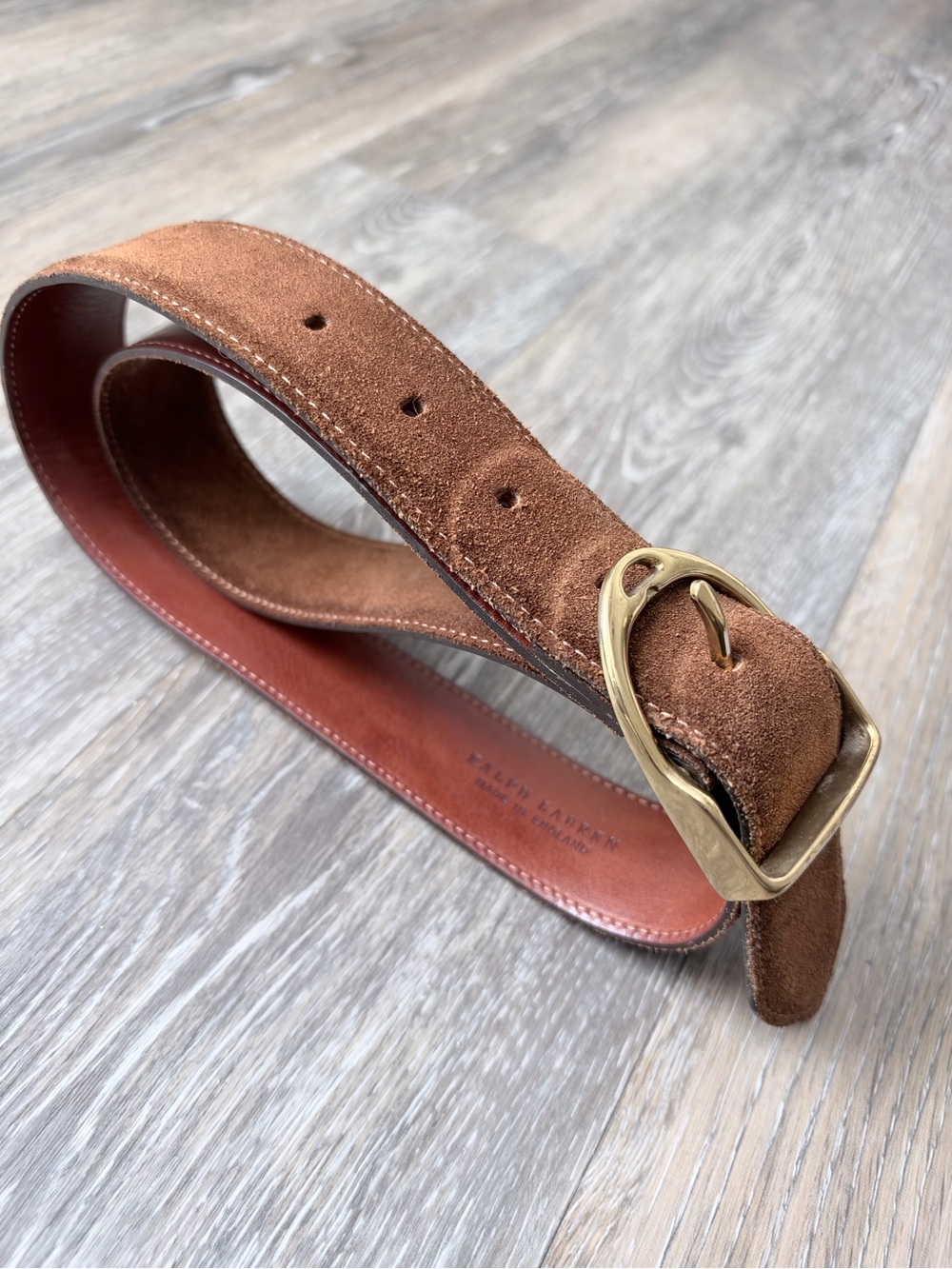 Ralph Lauren Men's Suede Brown Leather Belt with Brass Buckle